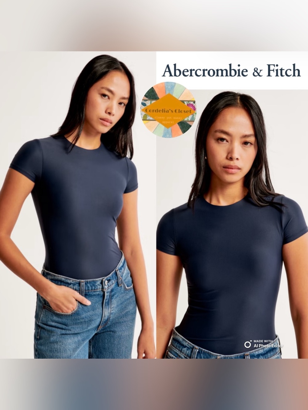 NWT! A&F Soft Matte Seamless Fabric Tuckable Baby Tee Top Rated in Navy Medium